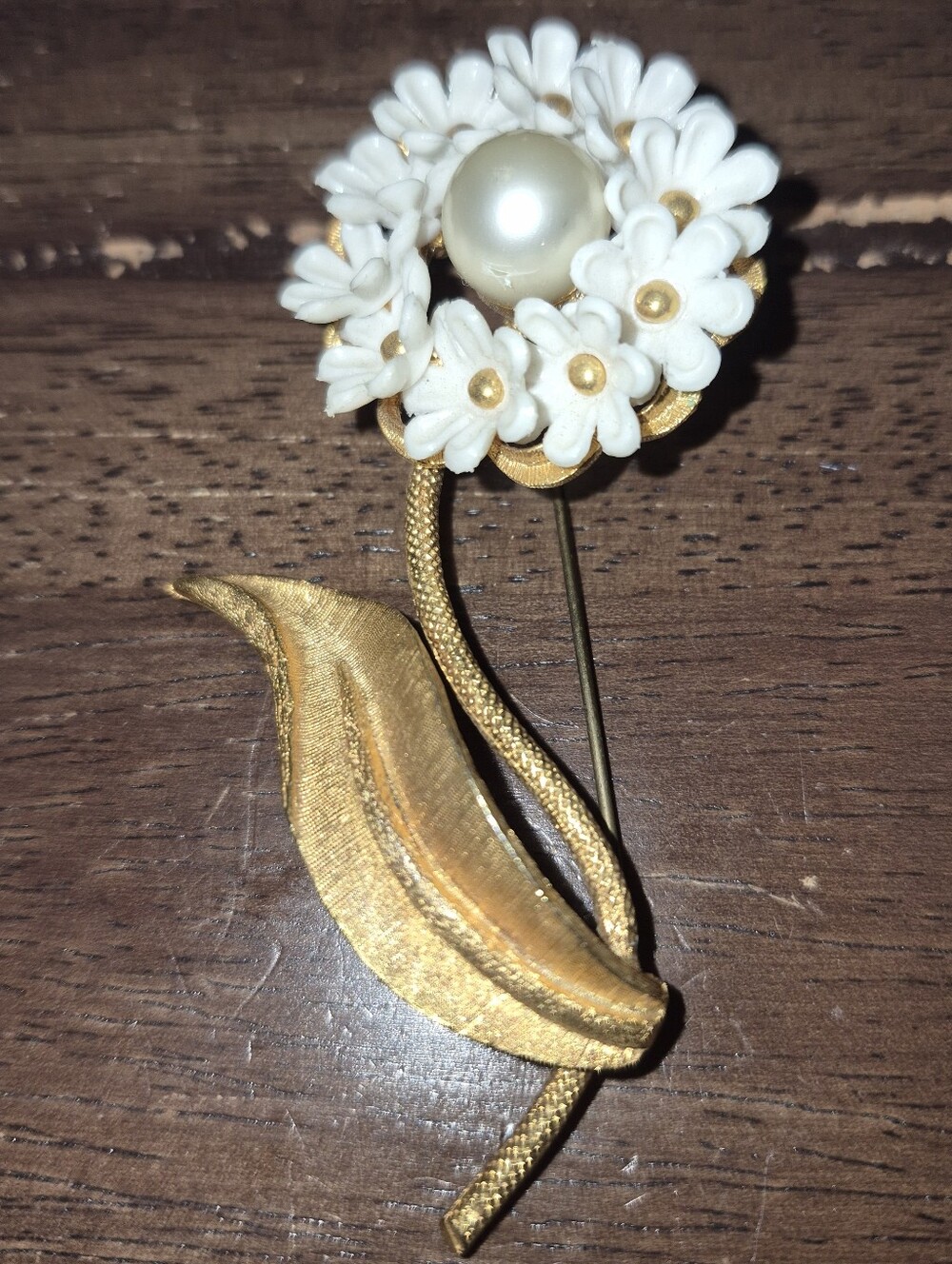 Gold and White Floral Pearl Brooch - Women's Jewelry